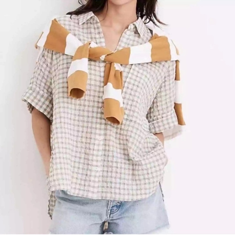 MADEWELL Women’s Plaid Button-Up Shirt Cream/Tan Short Sleeves Size XXS - Picture 1 of 9